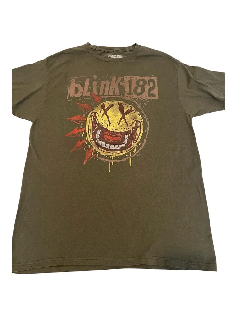 Blink-182 Graphic Band Tee in Olive with Yellow/Red Print Mens Size Large GUC